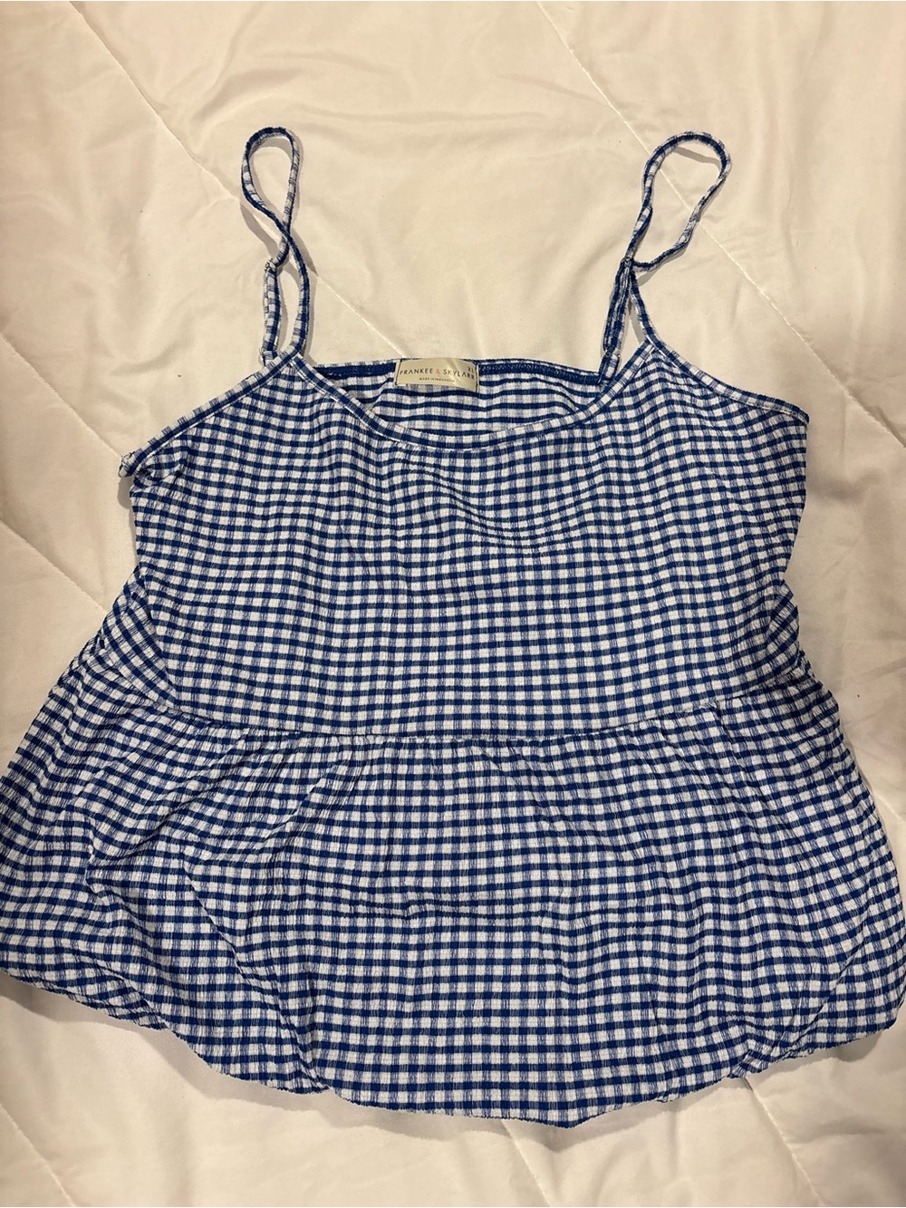 Blue Gingham Spaghetti Strap Peplum Top - Frankee @ Skylar size XL